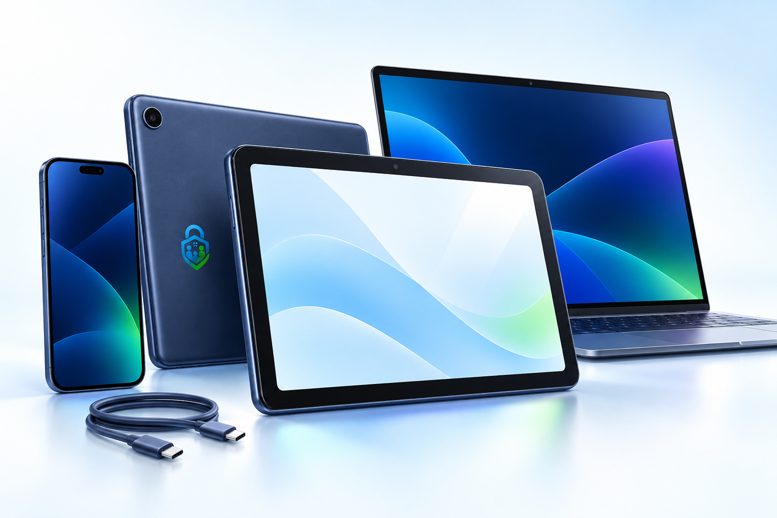 A ParentProof-branded Android tablet beside a parent’s phone and setup computer